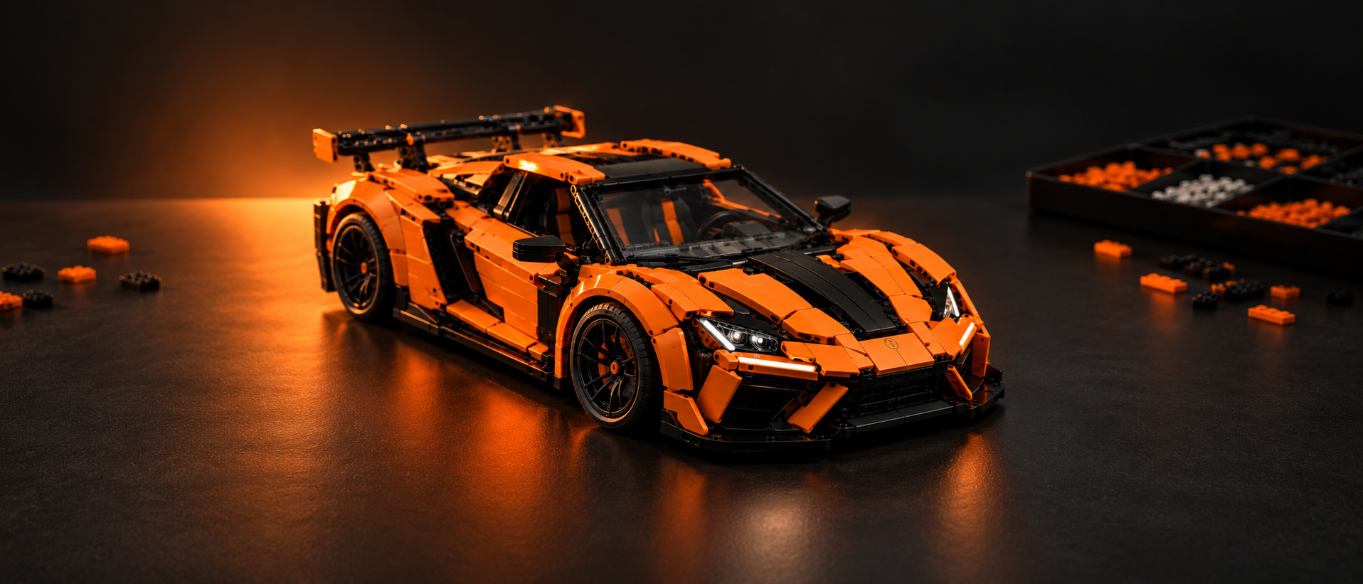 An orange and black brick-built sports car.